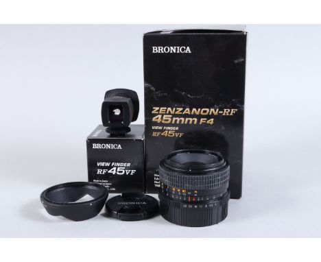 A Bronica Zenzanon RF 45mm f/4 Lens, serial no 0002718, barrel VG, elements VG-E, with RF45 Viewfinder, some spotting to rubb