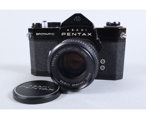 An Asahi Pentax Spotmatic Camera, black, serial no 2370795, shutter working, meter untested, body G-VG, some light scratches 