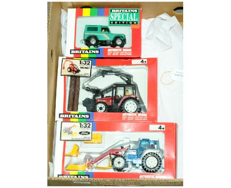 Britains a boxed group to include 9617 Ford 5610 Tractor and Front Loader, 9516 Valmet Logging Tractor &amp; 5946 4x4 Britain