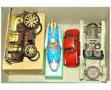 Mamod &amp; other tinplate vehicles, a mixed group. To include Mamod unboxed steam powered car, recent issue steam traction e