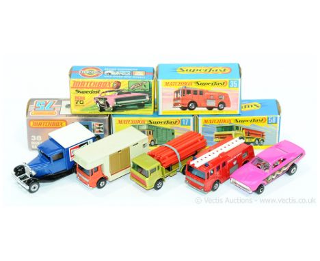 Matchbox Superfast a boxed group to include 17 Horse Box (Rare Colour), 35 Merryweather Fire Engine, 38 Model 'A' Van 'Champi