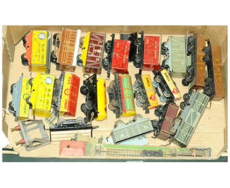 Wells Brimtoy, Chad Valley plus others similar tinplate railway wagons. To include various 4x wheeled &amp; twin bogie wagons