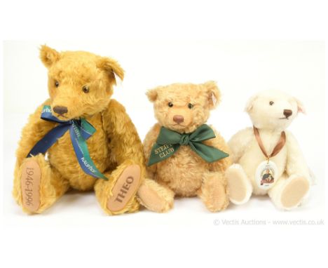 Steiff three teddy bears: (1) Teddy Bear Theo Brass 43, exclusive for Kauphof and Horten, white tag 655227, LE 1946, missing 