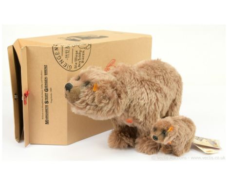 Steiff pair of grizzly bears: (1) Grizzly, yellow tag 069345, standing bear, beige mohair, with chest tag, slight tobacco odo