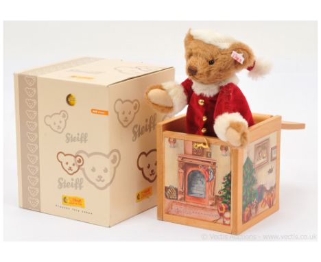 Steiff Jack in the Box Santa Teddy Bear, white tag 038419, brown alpaca teddy in red and white velour teddy costume within wo