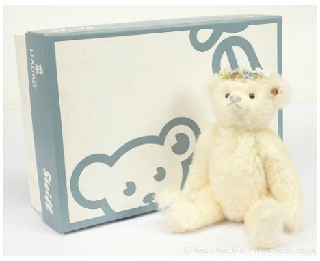 Steiff Lladro Winter teddy bear, white tag 677052, LE 2000, white mohair, wearing porcelain flower headband, includes certifi