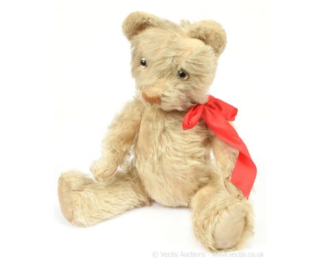 Possibly French apricot mohair vintage teddy bear, clear glass eyes with black pupils and remains of brown painted backs, bro