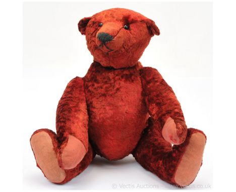 Newark style amateur artist designed teddy bear, British 1980s / 2000s, deep red crushed velvet, black glass eyes, black vert