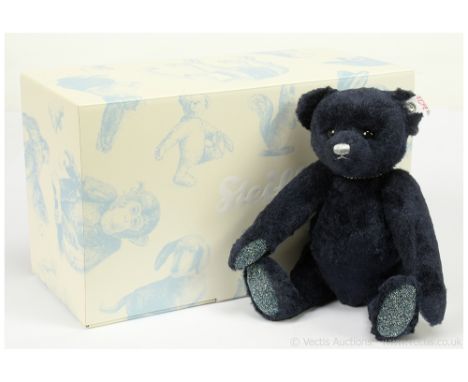 Steiff Sapphire teddy bear, white tag 036934, LE 2000, 2011, Swarovski Xilion crystal button to ear, deep blue silk (56% pure