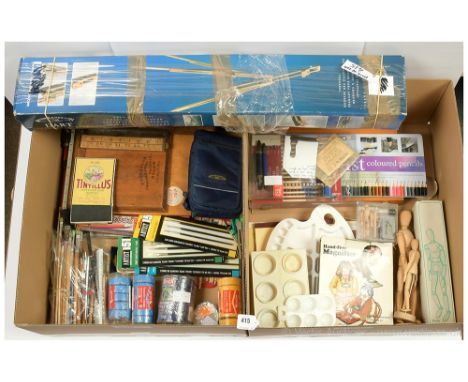 Quantity of art related items including trimming boards, brushes, paints, pens, pencils, sketch pads, wooden mannequins, and 