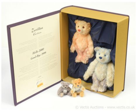 Steiff four teddy bears: (1) &amp; (2) Steiff Hello 2000 Goodbye 1999 Teddy Bear set, white tag 670367, limited to year, comp