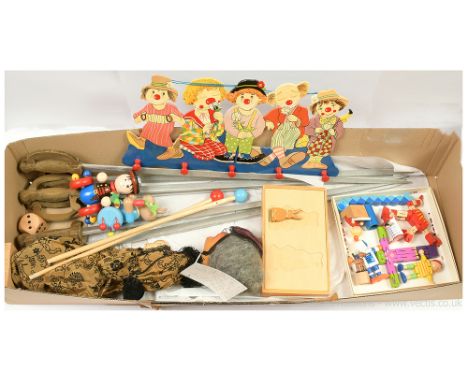 Quantity of vintage and modern wooden toys and others including German Karl Heinz Rother puppet, push-along, jumping jack dol