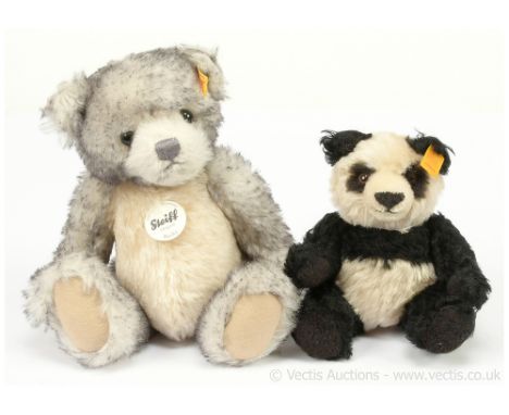 Steiff pair of teddy bears: (1) Steiff Rocky teddy bear, yellow tag 027338, white mohair with grey tip and cream mohair, with