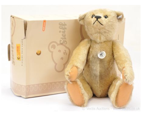 Steiff replica 1907 Teddy Bear, white tag 400506, limited edition of 1907, beige mohair teddy bear with inked ageing to surfa