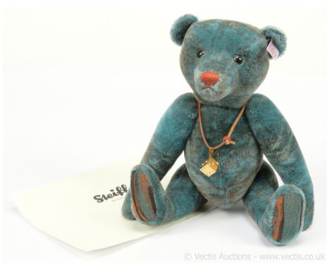 Steiff Davis teddy bear, white tag 021077, LE 1500, petrol blue batik mohair, with swing label, certificate- creased (neat in