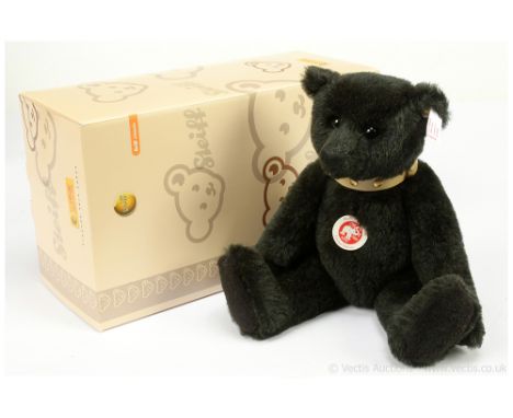 Steiff Classic dark green alpaca teddy bear, white tag 038365, LE 2008, chest tag, the cream leather collar has nine gold pla