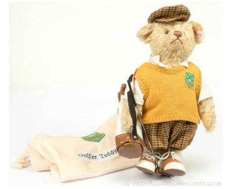 Steiff Golfer Teddy Bear, blonde mohair 2001, white tag 670671, LE 3000, complete with drawstring bag, missing certificate, s