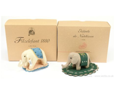 Steiff pair of Elephant felt pin cushions: (1) Steiff Elephant pin cushion, white tag 672255, LE 396/500, celebrating 125 yea