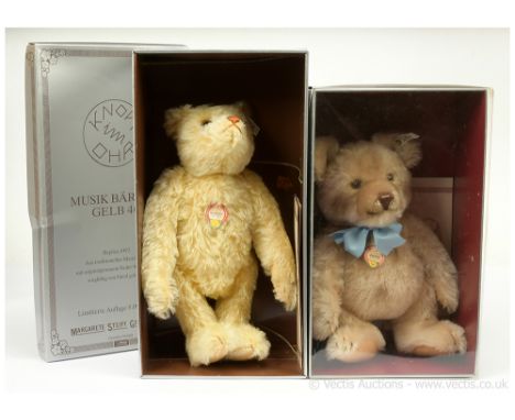 Steiff pair of teddy bears: (1) Steiff Musikbar replica 1928, white tag 407482, LE 8000, yellow mohair teddy bear with integr