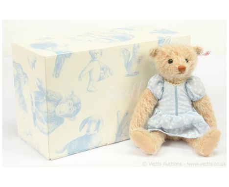 Steiff Alissa teddy bear, white tag 035135, LE 1500, from Alice in Wonderland, honey mohair, wearing pale blue cotton dress w