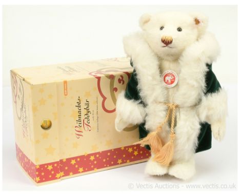 Steiff Christmas Musical Teddy Bear 2006, white tag 037504, LE 2006, white alpaca, dressed in green Father Christmas outfit, 