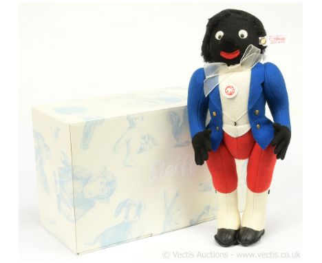 Steiff Golly 1909 Replica, white tag 036033, red, white and blue felt golly, mohair wigs wearing leather boots, limited editi