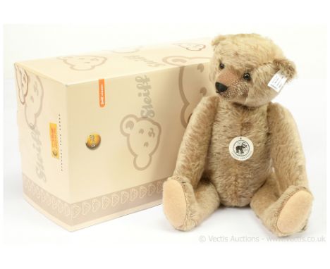 Steiff 1908 Teddy Bear replica, white tag 408007, light brown mohair, bear has been deliberately aged by thinning of mohair a