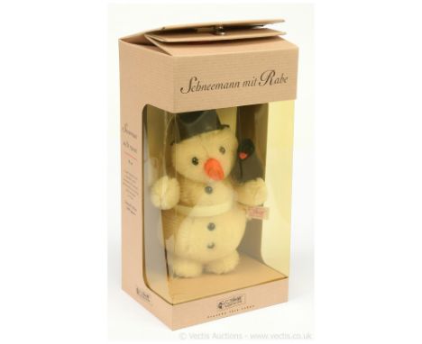Steiff Snowman with Raven, white tag 037962, LE 3000, 2002, white and black mohair, with certificate, Near Mint to Mint, with
