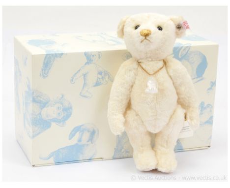 Steiff Diamond teddy bear, white tag 035715, LE 2000, 2012, Swarovski Xilion crystal button to ear, white silk (56% pure silk