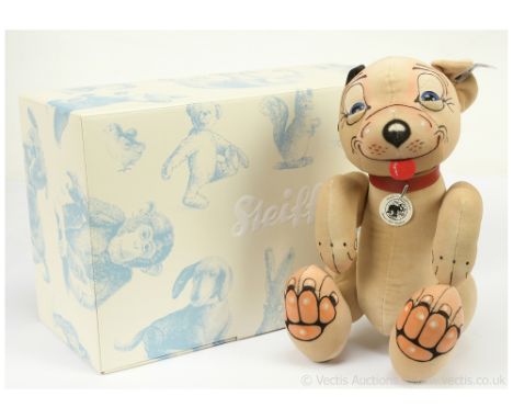 Steiff 1927 Bonzo replica dog, white tag 402074, LE 750, beige cotton velvet, with red leather collar tag, features a mix of 
