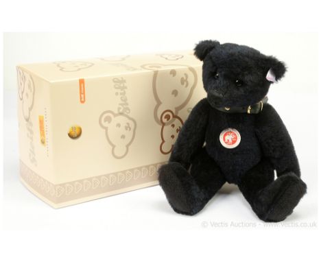 Steiff dark blue alpaca teddy bear, white tag 038280, limited in edition to the year 2007, LE #24, wearing green leather coll