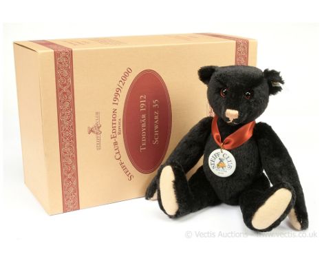 Steiff Club Edition teddy bear replica 1912, black mohair, 1999, white tag 420160, LE, Near Mint to Mint, complete with ceram