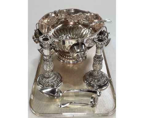 Large embossed silver plated punch bowl, cups and ladle, pair of telescopic embossed candlesticks, large serving spoon and si