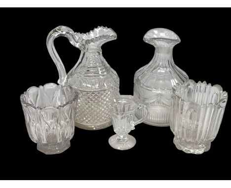 Two 19th Century cut glass jug/decanters, two 19th Century tea caddy mixing bowls, and jelly glass.