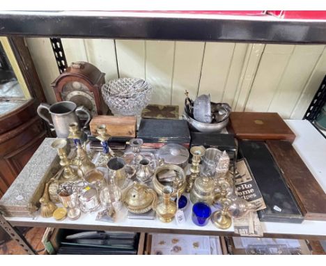 Collection of metalwares including cased cutlery, tankard, mantel clock, etc.