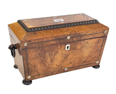 Victorian inlaid burr walnut tea caddy, 18cm high.