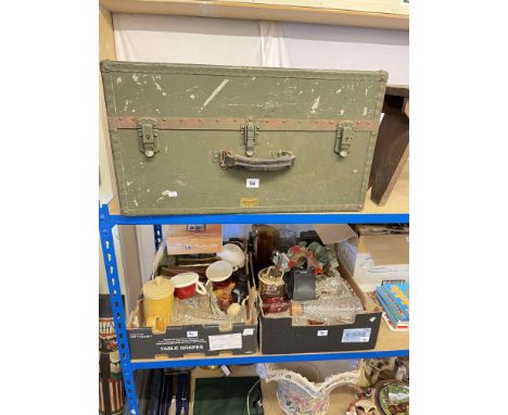 US Navy Seapack trunk, wicker basket, folding table, stool, two pictures and two boxes of glass and china.