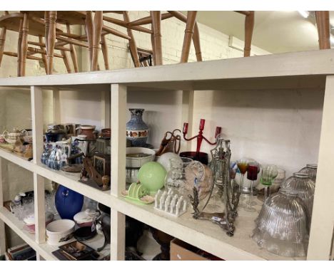 Full shelf of glass and china including set of eight glass shades, three graduated Losol jugs, vases, commemorative china, vi