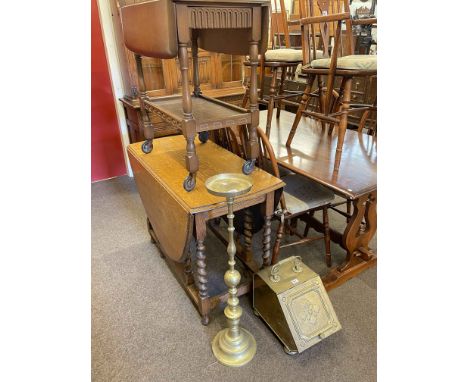 Oak barley twist gate leg dining table, drop leaf trolley, brass coal box and brass stand (4).