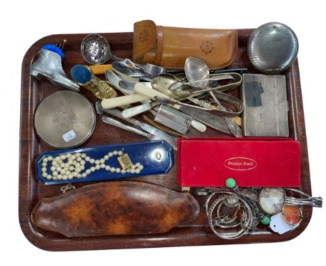 Small tray of metalwares, fountains pens including one with 14 carat gold nib, two boot pin cushions, cutlery, lighter, pearl