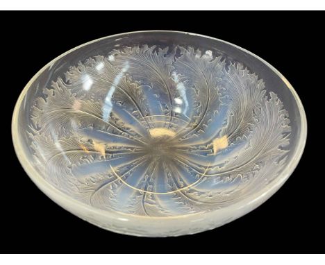 Renee Lalique 'Chicoree' pattern opalescent glass bowl decorated with radiating set of leaves, moulded mark 'R. Lalique Franc