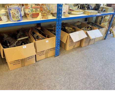 Large collection of brass and copperwares, horse brasses, door stop, two stick stands and walking sticks, owl ornaments, etc.