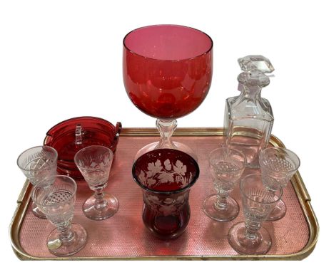 Collection of glass including decanter, six 19th Century wine glasses and three pieces of ruby glass.