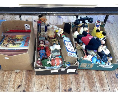 Three boxes of toys and figures, Pelham puppet box, annuals, etc.