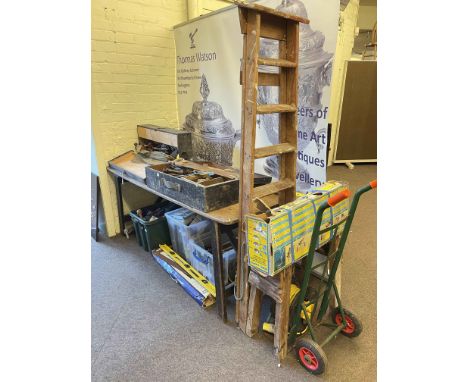 Two joiners tool boxes and large collection of tools, sack barrow, Compound mitre saw, steps, etc.
