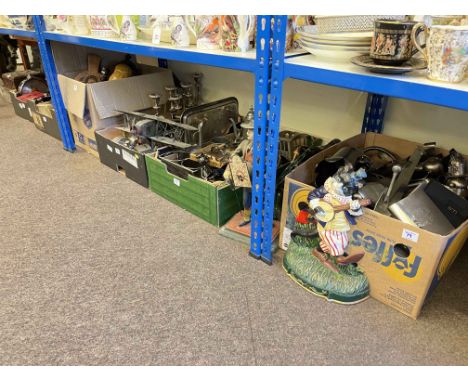 Six boxes of silver plate and metalwares, balance scales, cutlery, doorstops, etc.