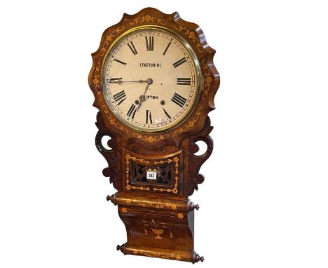 I Fattorini, Skipton, Victorian walnut and satinwood inlaid drop dial wall clock, 81cm.
