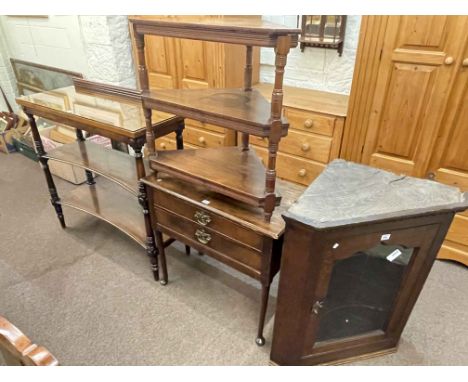 Georgian oak glazed panel door corner wall cabinet, Victorian three tier corner whatnot, antique mahogany two drawer lowboy a