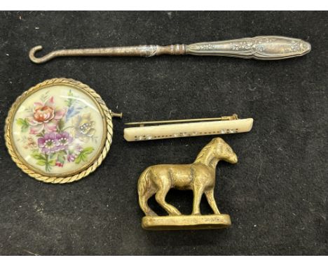 Limoges brooch, pin brooch, brass figure of a horse &amp; silver handled button hook 