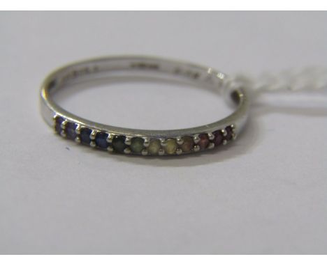 14ct WHITE GOLD MULTI COLOUR GEM STONE RING, ruby, sapphire, amethyst, etc, size S 